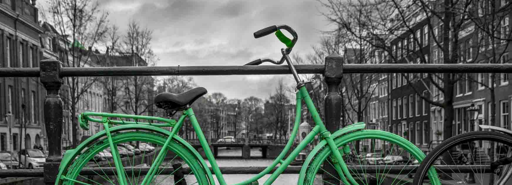 fototapeta z miastem i zielonym rowerem