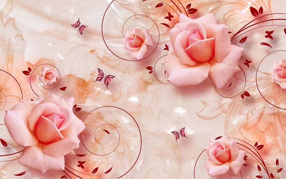 Piękne róże i motyle na różowym tle