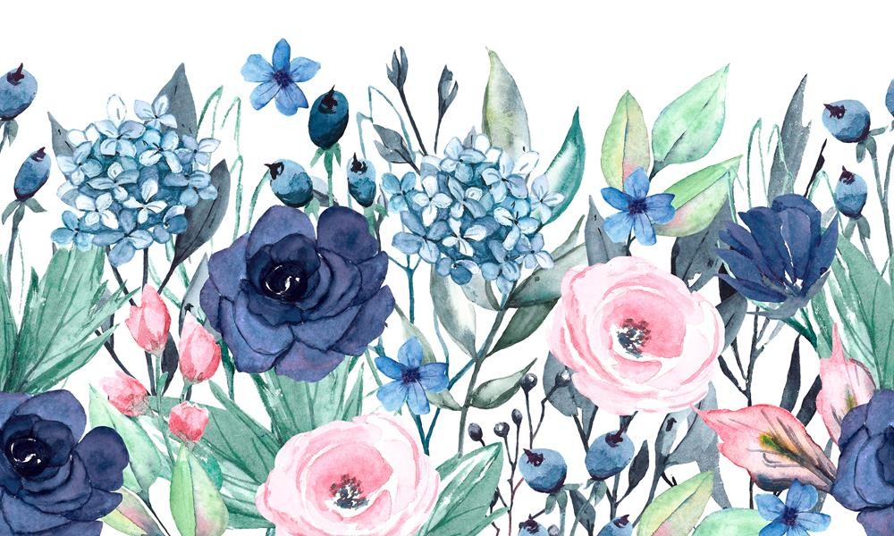 Kwiaty w odcieniach różu i niebieskiego akwarela