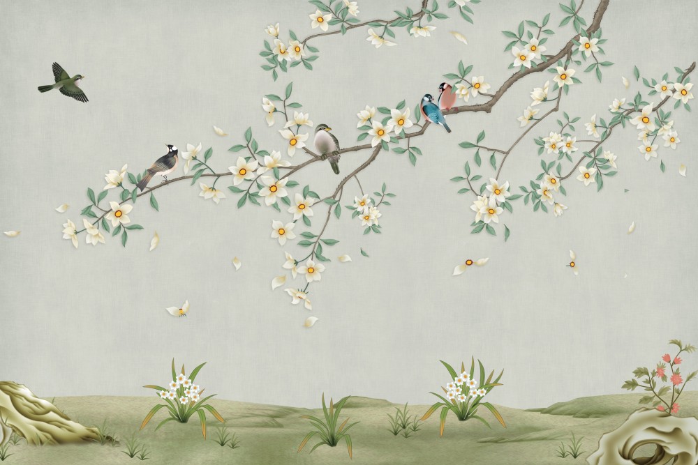 Ptaki na kwitnącej gałęzi 