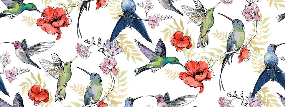 Kolibry i kolorowe kwiaty z liśćmi