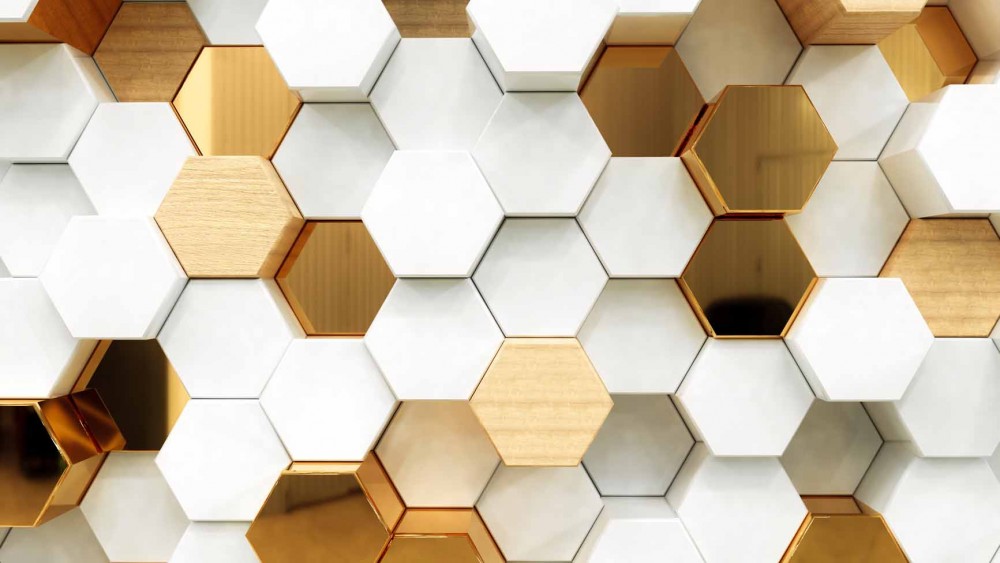Białe, drewniane i złote hexagony