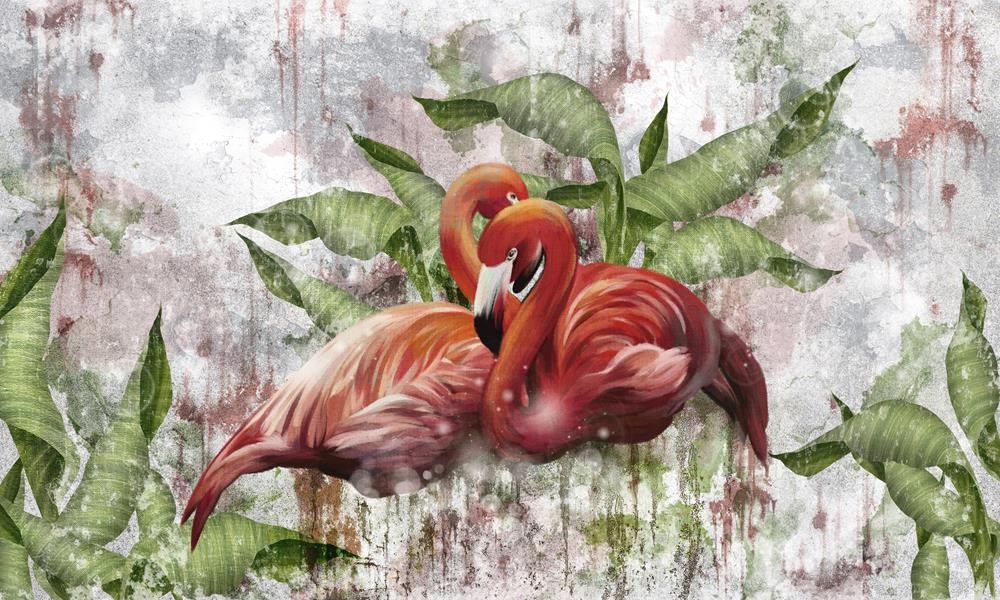 Czerwone flamingi i liście na malowanym tle