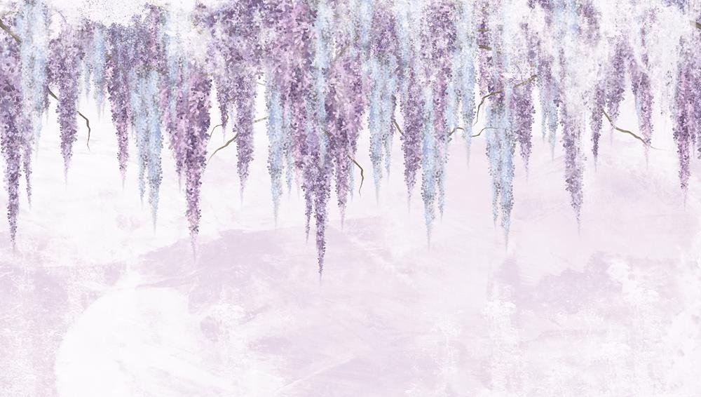 Wiszące kwiaty na tle malowanej fioletowej ściany