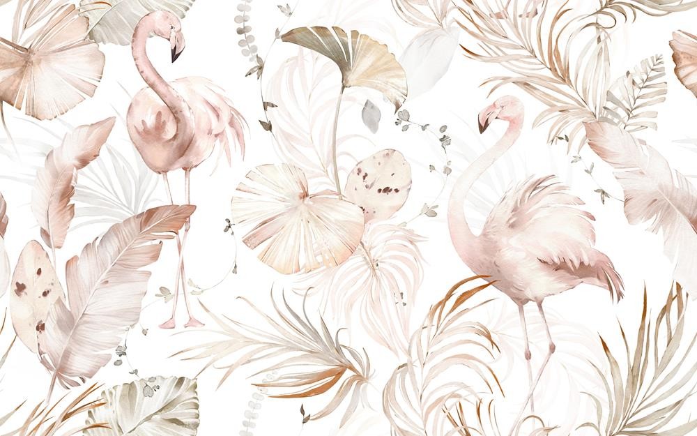 Flamingi i tropikalne liście w różowych odcieniach