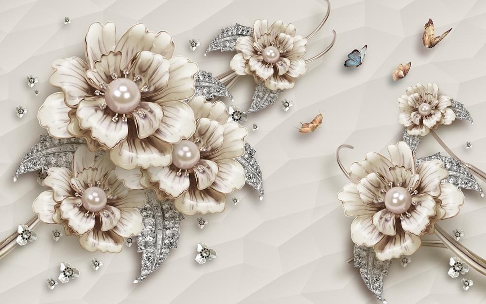 Motyle, złote kwiaty i srebrne liście