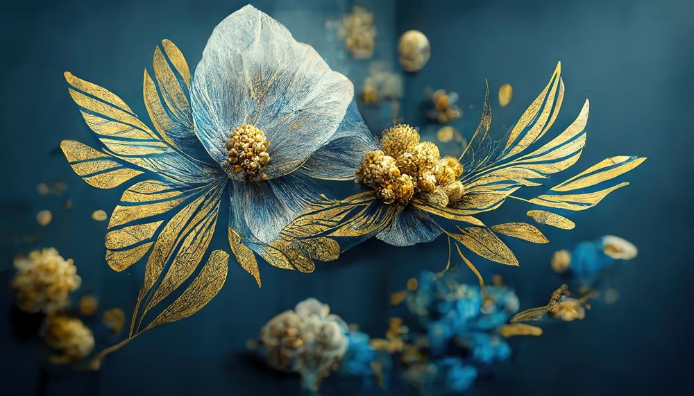 Niebieskie kwiaty i złote liście
