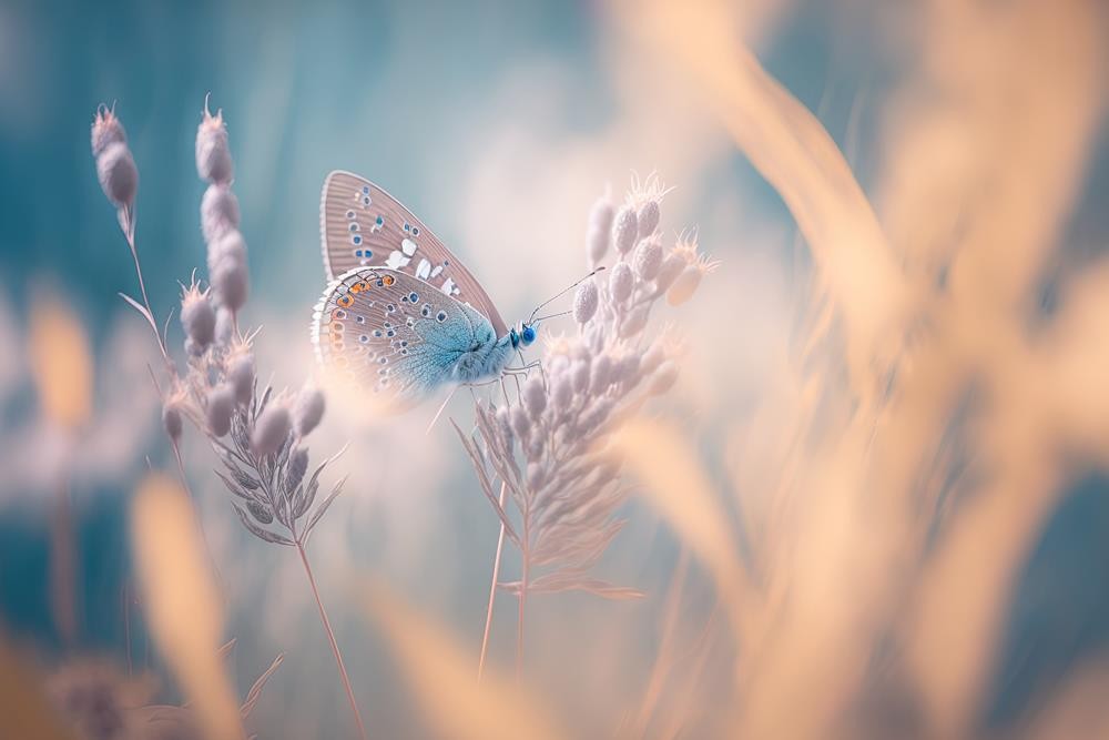 Błękitny motyl na kwiatowej łące