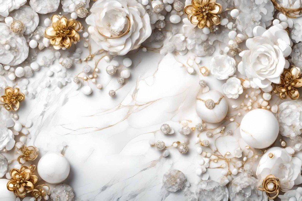 Biały marmur ze złoto-białą czarującą kwiatową biżuterią 