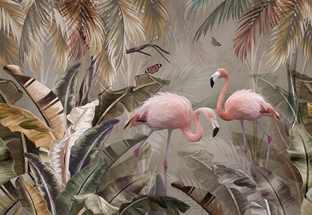 Flamingi i tropikalne liście w stonowanych kolorach