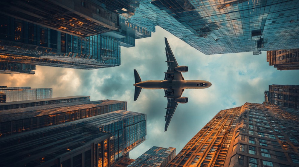 Samolot lecący nad budynkami