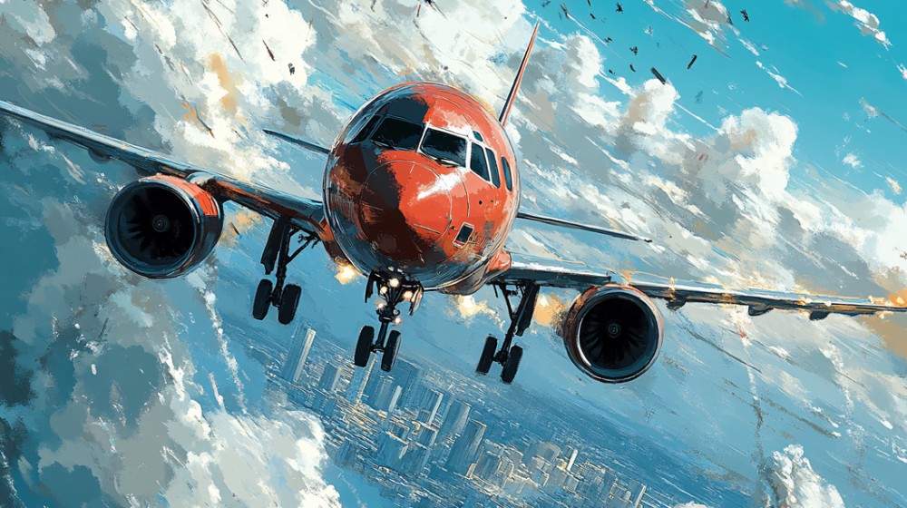 Samolot nad miastem w otoczeniu chmur