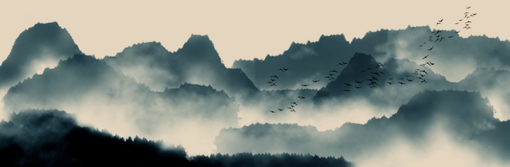 Malowany tuszem artystyczny krajobraz górski 