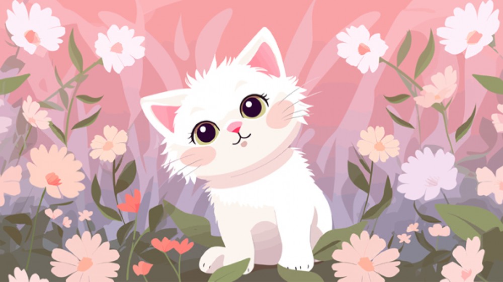 Biały kotek wśród kwiatów