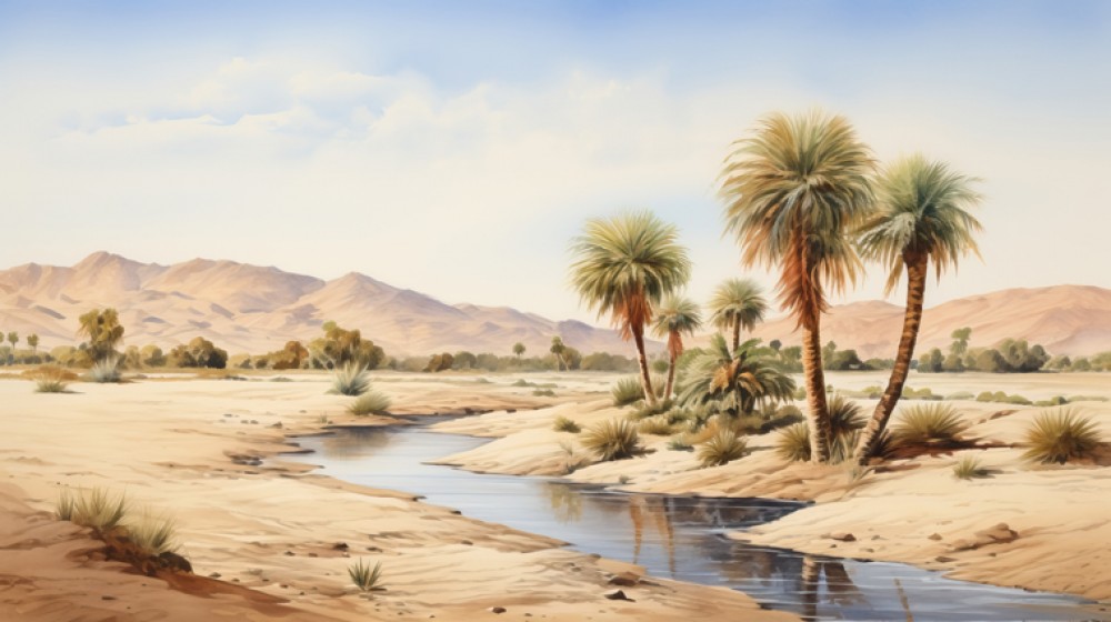 Palmowy las na pustyni w akwareli