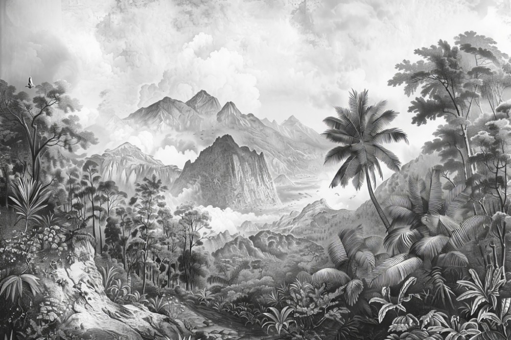 Monochromatyczny krajobraz górski z palmami