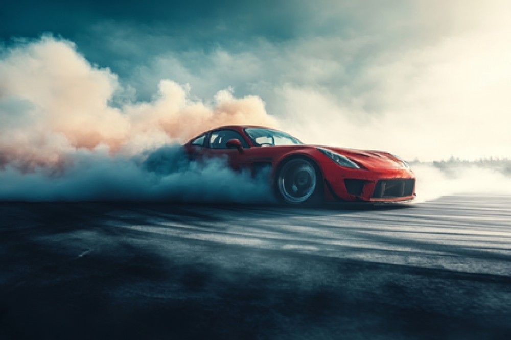 Sportowy samochód w kłębach dymu