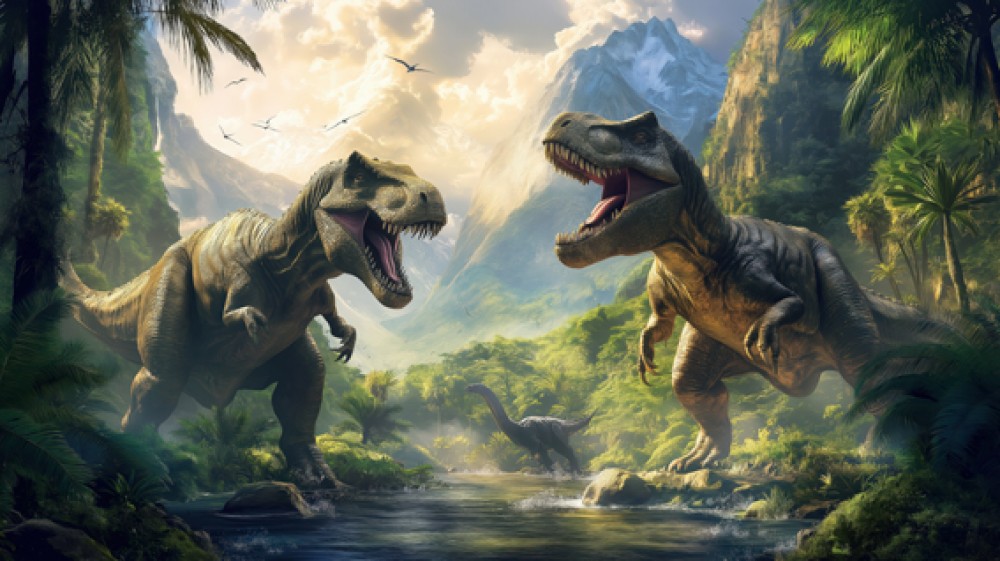 Dinozaury na tle dżungli