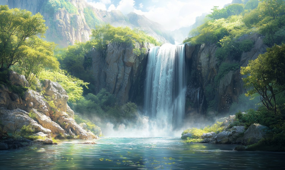 Zachwycający wodospad otoczony bujnymi górami i drzewami