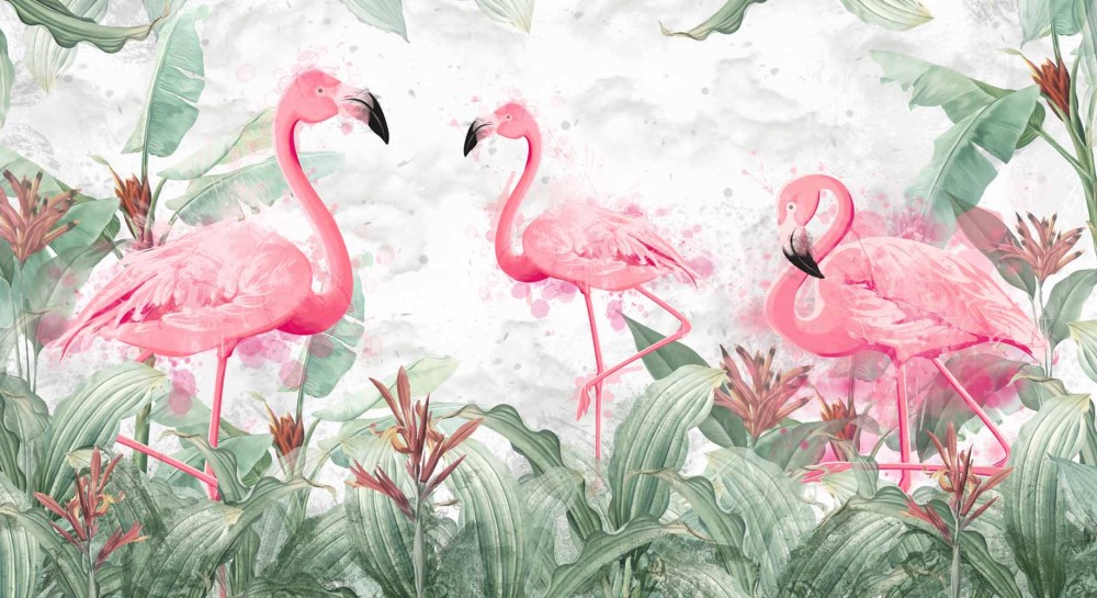 Różowe flamingi i tropikalne liście