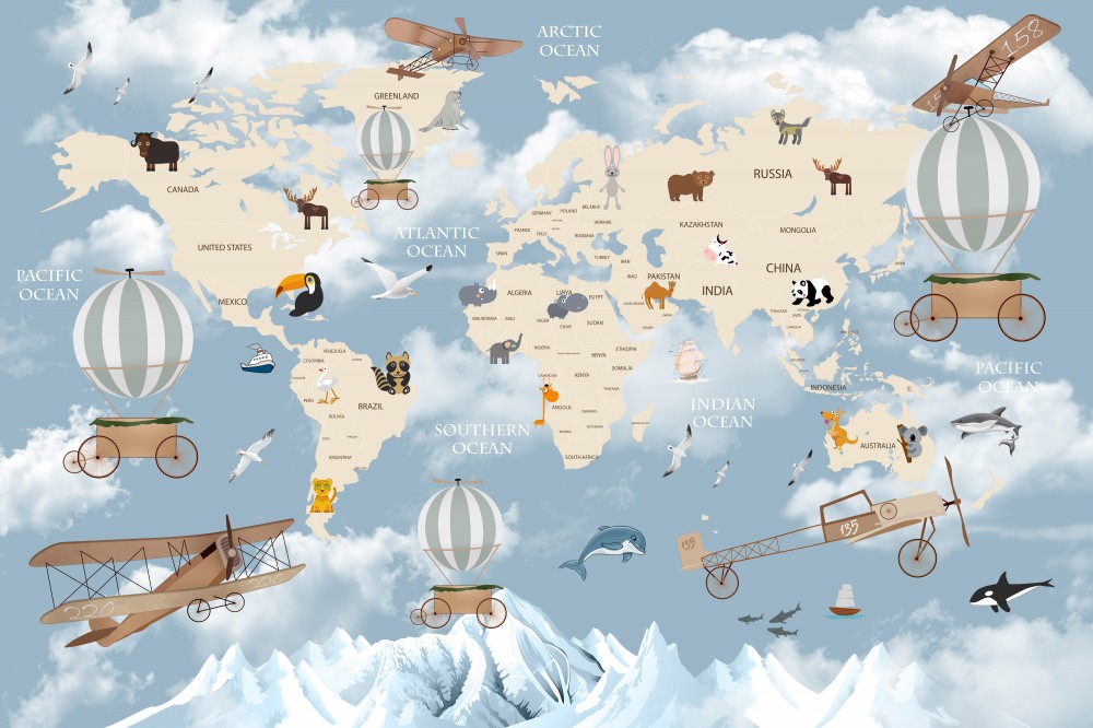 Mapa świata ze zwierzętami, samolotami i balonami