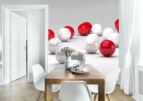 Lots of white and red balls interact. 3D render image.