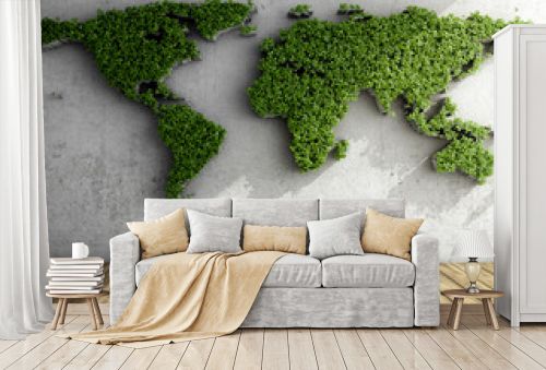 Room with vertical garden in form of world map