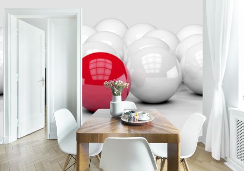 Many white balls among which the red stands out. 3D render image