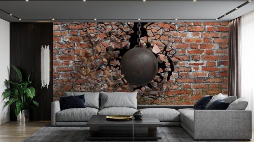 Metallic rusty wrecking ball on chain shattering an old brick wall. 3D rendering