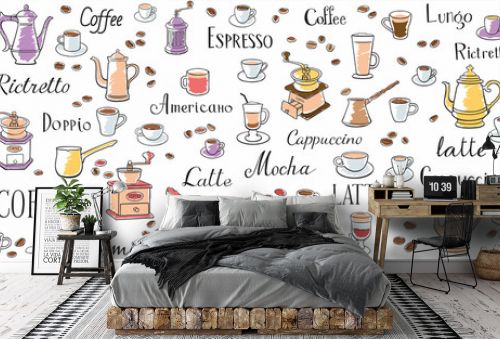 Coffee seamless pattern. Color drawings of cups, coffee pots and coffee grinders. Lettering latte, espresso, ristretto and americano. Ornament for wrappers, menus, wallpapers and cuisine