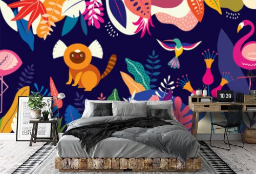 Vector colorful illustration with tropical flowers, leaves, monkey, flamingo and birds. Brazil tropical pattern.