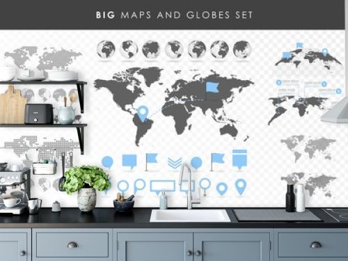 Big set of maps and globes. Pins collection. Different effects. Transparent Vector illustration