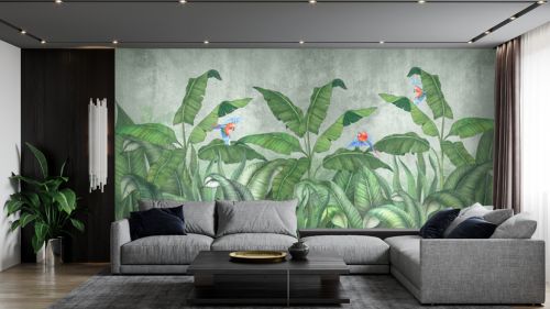 Tropical jungle with flying parrots. Against the background of textured plaster.