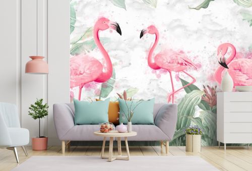 Różowe flamingi i tropikalne liście