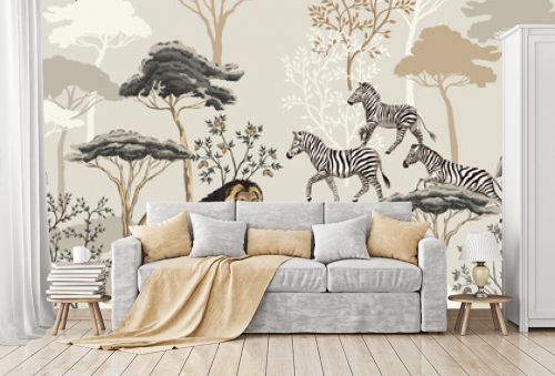 Tropical vintage animal lion, zebra, african trees floral seamless pattern beige background. Exotic safari wallpaper.