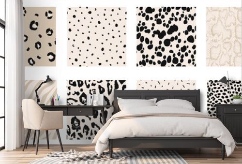 Set of monochrome black, beige and cream animal fur texture seamless patterns