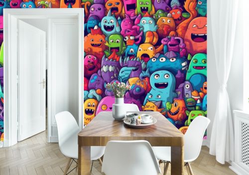 Vector cute doodle monsters seamless pattern