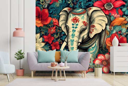 Image of pattern design using an elephant and flowers and leaves. Wildlife Animals. Illustration, Generative AI.