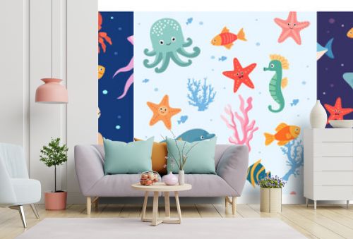 Cartoon colorful seamless pattern with sea animals. Vector illustrator illustration pattern.