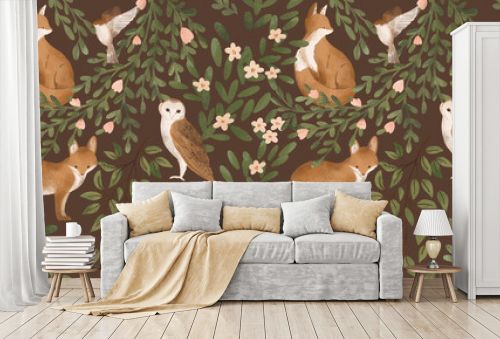 Woodland seamless pattern with floral and animals. Forest pattern with fox, owl, bird. 