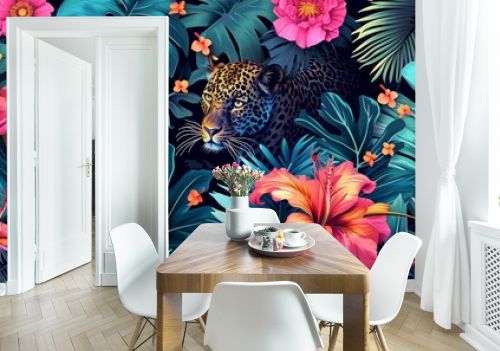 Tropical exotic pattern with animal and flowers in bright colors and lush vegetation