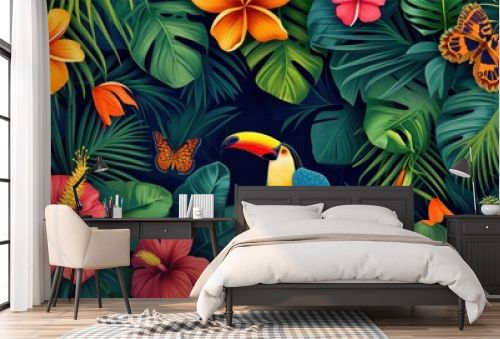 Tropical exotic pattern with animal and flowers in bright colors and lush vegetation