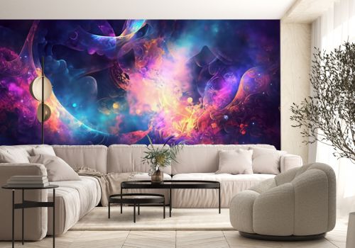 Abstract illustration of outer space, big beng, cloud of stars, galaxies in beautiful colors. 4K wallpaper 