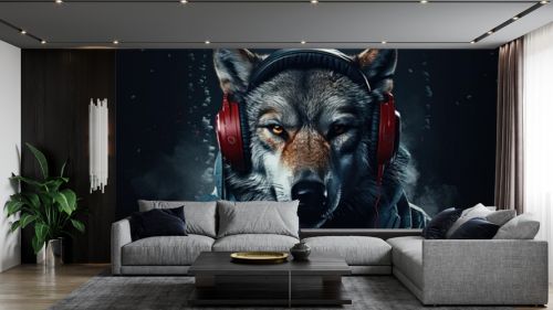 Wolf poster wearing headphones on his head