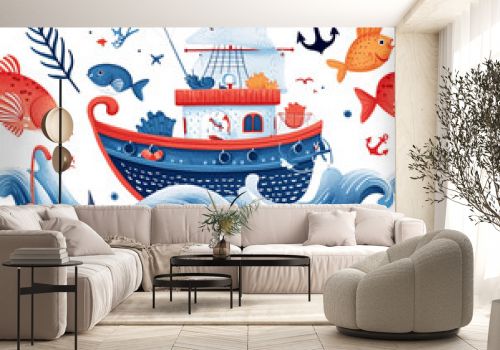 seamless pattern of cute with a fishing boat - 1