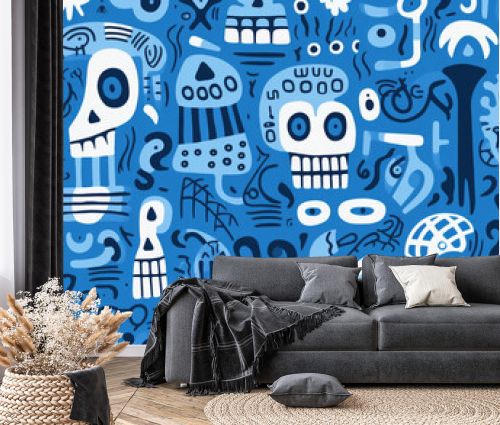 Seamless repetitive pattern abstract illustration of mexican skulls figures. Day of the dead. Wallpaper. Background.