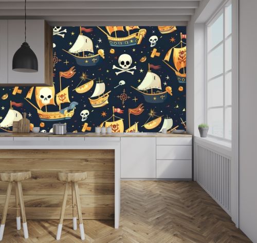 Pirate adventure seamless pattern with treasure chests, pirate ships, and skull flags. Seamless Pattern, Fabric Pattern, Tumbler Wrap.
