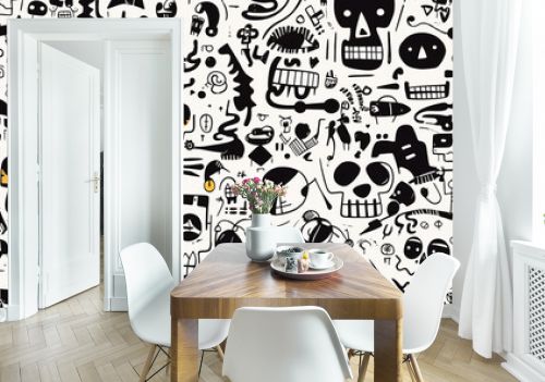 Seamless repetitive pattern abstract illustration of mexican skulls figures. Day of the dead. Wallpaper. Background.