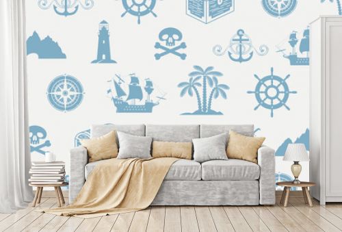 Vector seamless pattern on the theme of sea travel and pirate adventures with sailboats, lighthouses, Jolly Rogers, treasure chests and more. Suitable for background, Wallpaper, wrapping paper, fabric