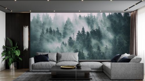 Misty landscape with fir forest in hipster vintage retro style